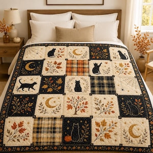 Black Cat Halloween Quilt Blanket, Autumn Patchwork Bed Throw, Crescent Moon Spider Web Bedding, Witchy Gothic Fall Decor, Cat Lover Gift
