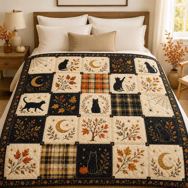 Black Cat Halloween Quilt Blanket, Autumn Patchwork Bed Throw, Crescent Moon Spider Web Bedding, Witchy Gothic Fall Decor, Cat Lover Gift