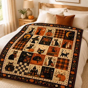 Manta acolchada de Halloween, manta de retazos de fantasmas y calabazas, juego de ropa de cama espeluznante de otoño, decoración de dormitorio de otoño, lindo gato negro murciélago, regalo de Halloween