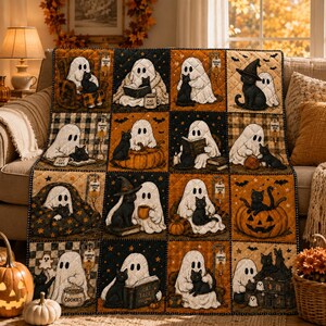 Cozy Halloween Black Cat Blanket, Spooky Ghost Quilt, Cottagecore Fall Bedding Throw, Cute Pumpkin Patchwork Blanket, Autumn Decor Gift