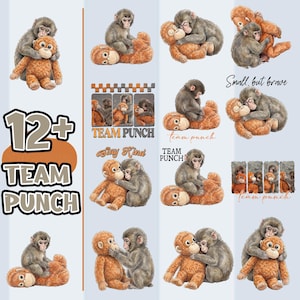May include: A collection of illustrations featuring monkeys and plush toys. The phrase "TEAM PUNCH" is displayed in multiple instances, along with the text "Small, but brave" and "Stay Kind". The color palette includes shades of brown, gray, and orange.