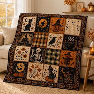 Halloween Patchwork Quilt Set, Pumpkin Ghost Bat Bedding Set, Spooky Fall Quilt Blanket, Halloween Bedroom Decor, Cozy Autumn Bedspread