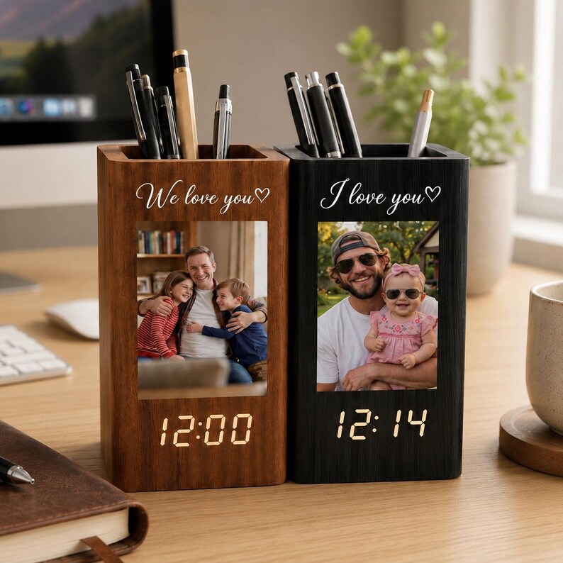 Personalized Dad Photo With Kid Pen Holder With Clock, Father's Day ...