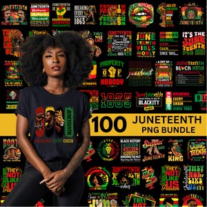 Könnte beinhalten: Schwarzes T-Shirt mit einer Grafik eines Fäustlings, eines Männergesichts und eines Löwenkopfes mit dem Text "Breaking Every Chain" und "Juneteenth". Das Bild enthält auch eine Grafik "100 Juneteenth PNG Bundle".