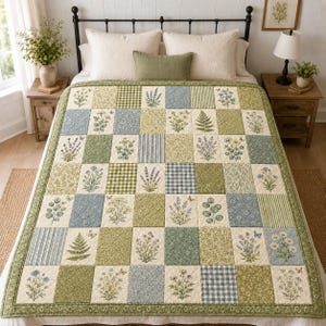 Sage Green Wildflower Quilt Blanket, Cottagecore Floral Bedding, Patchwork Throw Blanket, Cozy Botanical Garden Gift, Green Bedding