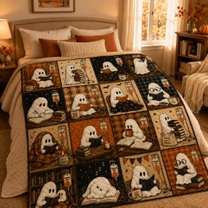 Halloween Patchwork Quilt Set, Pumpkin Ghost Bat Bedding Set, Spooky Fall Quilt Blanket, Halloween Bedroom Decor, Cozy Autumn Bedspread
