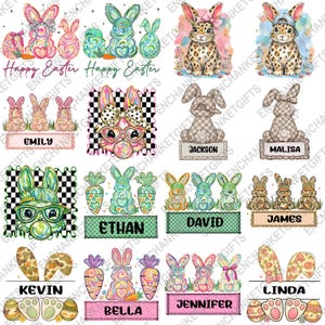 May include: A collection of Easter-themed designs featuring bunnies in various styles. Some bunnies have sunglasses, hats, or bows. The designs include names like Emily, Jackson, and Bella, with the words "Happy Easter" displayed.