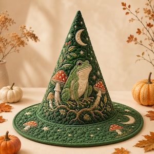 May include: A quilted dark green pointed hat featuring an embroidered design of a central frog, red and white spotted mushrooms, leafy vines, small stars, and a crescent moon. The fabric has a textured, stitched pattern throughout the surface.