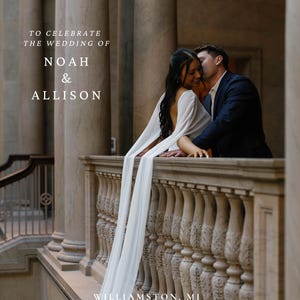 May include: A Save the Date wedding announcement featuring text that reads SAVE THE DATE TO CELEBRATE THE WEDDING OF NOAH & ALLISON WILLIAMSTON, MI NOVEMBER 7, 2026 INVITATION TO FOLLOW. A couple stands together by a stone balustrade.