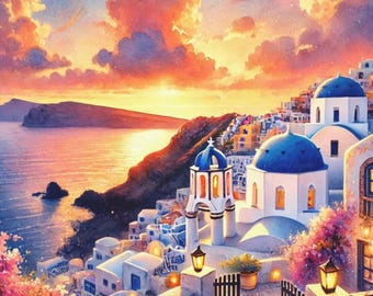 Santorini Greece Canvas – Sunset Wall Art, Coastal Travel Print, Blue Dome Island Decor