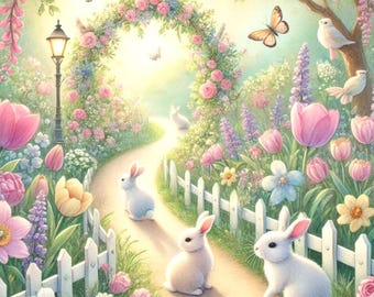 Easter Bunny Canvas Wall Art, Spring Garden Wall Decor, Watercolor Rabbit Print, Cottagecore Nursery Art