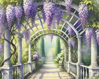Wisteria Garden Canvas Wall Art, Purple Floral Print, Botanical Garden Decor, Cottagecore Wall Art, Watercolor Flower Canvas