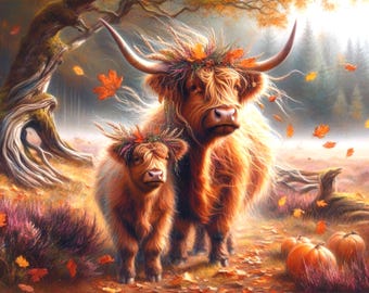 Fall Highland Cow Canvas Wall Art, Mother and Calf, Autumn Farmhouse Decor