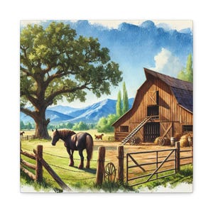 Old Horse Farm Canvas – Rustic Country Wall Art – Watercolor Horse and Barn Print – Western Farmhouse Decor