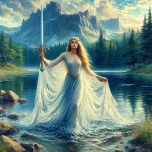 Lady of the Lake Canvas – Dreamy Watercolor Fantasy Wall Art – Arthurian Legend Print – Mystical Goddess Decor