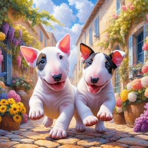 Bull Terrier Puppies Canvas – Watercolor Dog Wall Art – Cute Puppy Room Decor – Dog Lover Gift