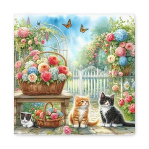 Kittens in Garden Canvas – Watercolor Spring Cat Wall Art – Floral Kitten Print – Summer Nursery Decor Gift