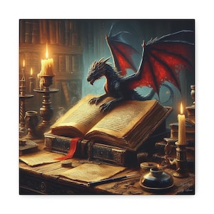 Library Dragon Canvas Wall Art – Fantasy Watercolor Book Lover Decor – Mystical Dragon Print – Cozy Reading Nook Gift