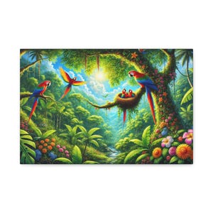 Parrots Canvas Wall Art – Colorful Tropical Birds Watercolor Print – Jungle Animal Decor – Exotic Nature Painting
