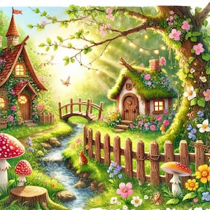 Feenhäuser Leinwand Wandkunst - Verträumter Aquarell Walddorf Druck - Wunderliche Cottagecore Dekoration - Fantasie Kinderzimmer Geschenk