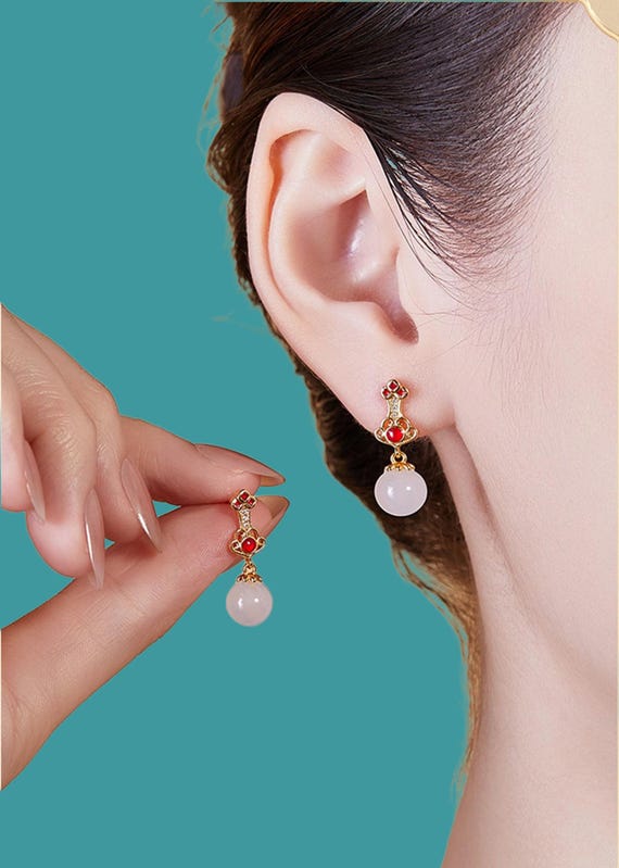 Sterling Silver White Chalcedony Ruyi Earrings: Cold Enamel, Hand