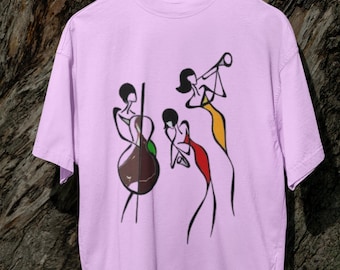 Vibrant Jazz Band Art T-shirt – T-shirt abstracte muziekinstrumenten