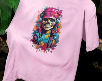 Schädel mit Kopfhörern T-Shirt: Bunte Splatter Art, Musik Liebhaber Geschenk