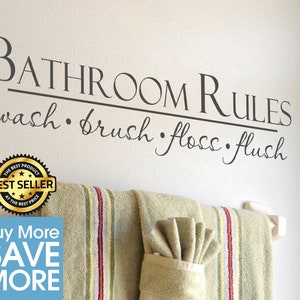 Bathroom Wall Decor Bathroom Wall Decal Bathroom Sign Bathroom Rules Wash Brush Floss Flush Sign Bathroom Wall Art Vinyl Decal image 1