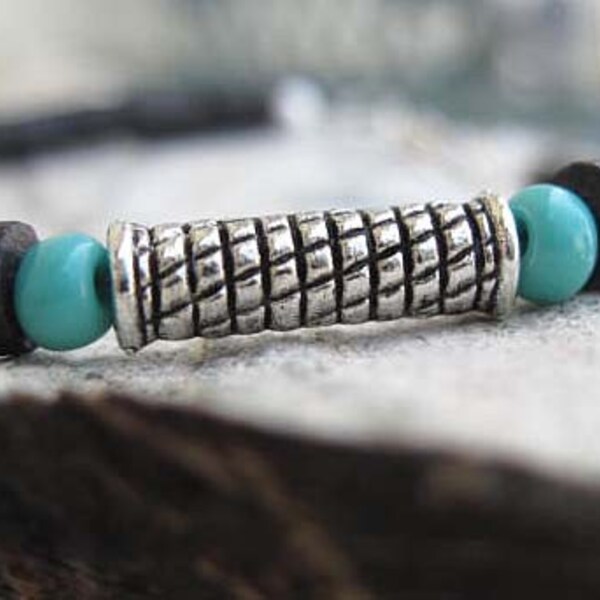 Mens Black Coconut Turquoise Pewter Bead Bracelet