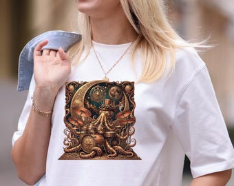 Steampunk Octopus Drummer PNG, Vintage Music Illustration, Gothic Ocean Creature Art, Drum Set Design, Digital Download