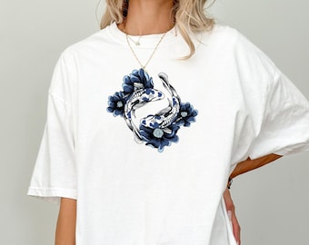 Minimalist Yin Yang Koi Fish Floral Comfort Colors Shirt, Japanese Art, Zen Aesthetic Tee