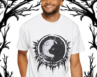 Camiseta Black Cat Moon Comfort Colors, camiseta gótica de gato, camiseta de Halloween con temática de brujas, camiseta gráfica estilo academia oscura, regalo para amantes de los gatos