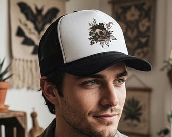 Botanical Skull and Cat Trucker Hat, Gothic Floral Skeleton Mesh Cap, Dark Nature Aesthetic Headwear, Mystical Black Cat Gift, Vintage Style