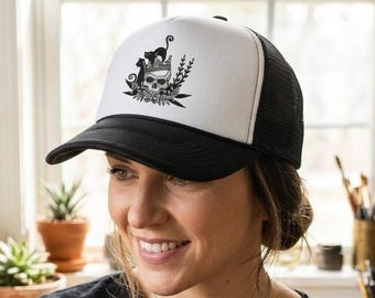 Gothic Skull and Cat King Trucker Hat, Dark Cottagecore Skeleton Crown Cap, Mystical Moon Cat Mesh Hat, Edgy Aesthetic Unisex Snapback