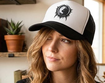 Witchy Moon Cat Trucker Hat, Celestial Black Cat Mesh Cap, Gothic Crescent Moon Headwear, Mystical Cat Lover Gift, Dark Aesthetic Snapback