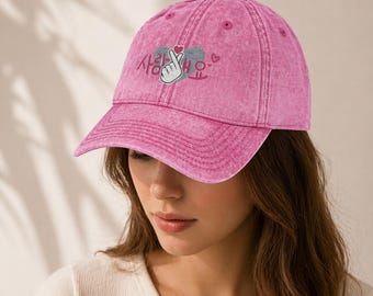 Korean Love Embroidered Pink Cap, Kawaii Heart Hat, Vintage Washed Baseball Cap, Cute Couple Gift, Aesthetic Korean Style Hat
