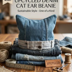 May include: A blue denim beanie with cat ear points and a light-colored waistband featuring a button. The text reads: HANDMADE UPCYCLED DENIM CAT EAR BEANIE, Sustainable Style - One of a Kind, ECO-FRIENDLY & RECLAIMED MATERIALS, and UPCYCLED.