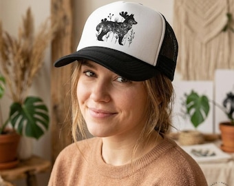 Wildflower Wolf Silhouette Trucker Hat, Floral Animal Nature Cap, Boho Wolf Lover Gift, Botanical Wolf Mesh Hat