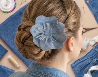 Denim Flower Hair Tie, Upcycled Jean Hair Scrunchie, Handmade Fabric Flower Ponytail Holder, Y2K Style Hair Accessory, Sustainable Gift