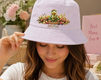 Frog Mama Bucket Hat, Cute Frog Hat, Floral Frog Hat, Gift for Mom, Aesthetic Animal Hat, Funny Mom Hat, Summer Bucket Hat
