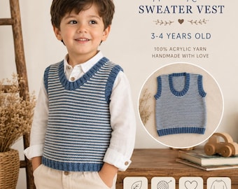Gilet lavorato a mano per bambini, taglia 3-4 anni, senza maniche, a righe blu, abbigliamento per bambini fatto a mano, comodo top da indossare a strati.