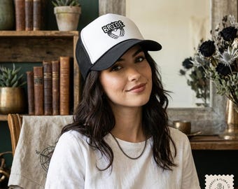 Bride Skeleton Hands Heart Trucker Hat, Gothic Bridal Shower Gift, Bachelorette Party Mesh Cap, Til Death Wedding Snapback