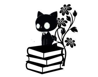 Floral Cat on Books PNG SVG: Cat Lover Gift (Digital Download)