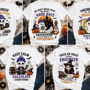 Może przedstawiać: Pięć białych koszulek z grafikami inżynierskimi o tematyce Halloween. Wzory przedstawiają szkielety i duchy w kaskach ochronnych, dynie, narzędzia oraz napisy takie jak I ENGINEER SPOOKY SOLUTIONS, WE DON'T WEAR CAPES i TRICK OR TREAT I'M AN ENGINEER.