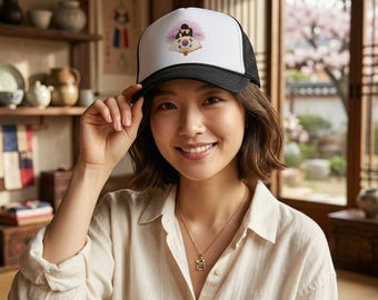 Seoul Soul Korean Heart Trucker Hat, Cherry Blossom K-Pop Aesthetic Cap, Korea Flag Fan Mesh Hat, Cute Travel Souvenir Snapback
