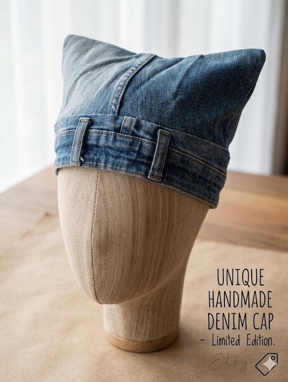Upcycled Denim Hat – Handmade Recycled Jeans Bucket – Sustainable Streetwear – Unique Square Top Hat