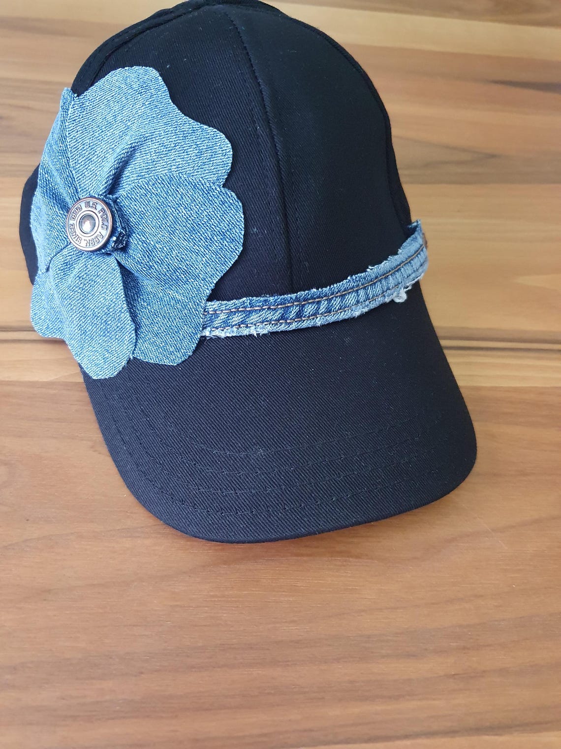 Handmade Black Cap With Upcycled Denim Flower | Eco-friendly Unique Hat ...
