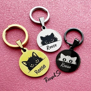 Free Engraved Cat Tag, Big eye Kitten Tag, Cartoon Cat Tag, Cute Cat tag, Peeking cat, Double Side Silent Collar Tag, Cat ID Name Tag