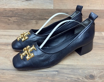 Tory Burch Eleanor  women size 8 Black Leather Logo Pump Heels Shoes