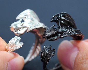 EXCLUSIVE How to Train Your Dragon 950 Silver Ring, Adjustable Toothless & Light Fury Jewelry, Fantasy Dragon Gift for HTTYD Fans